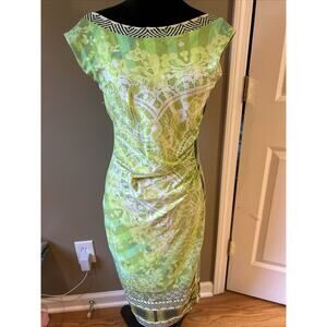 Fuzzi Jean Paul Gautier Dress Green Yellow Print knit Italy V back ruching sz M